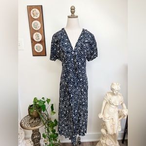 Les Copains Feminine Daisy Floral Print Navy Blue Silk Dress